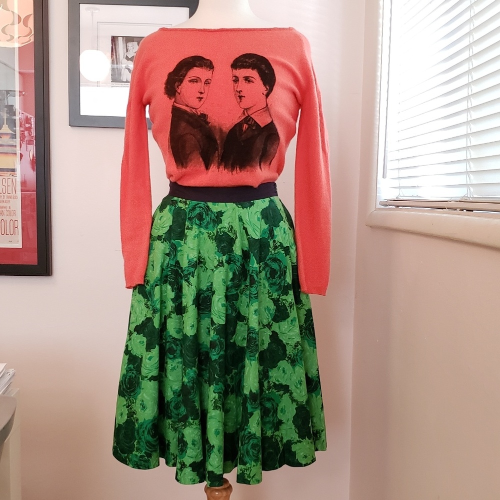 Anthropologie 50s Style Green Rose Circle Skirt